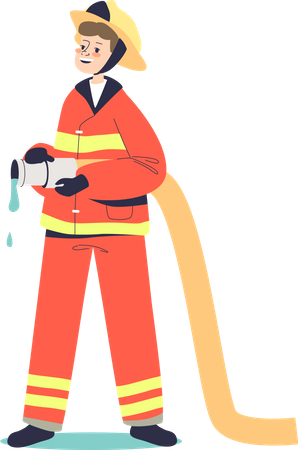 Kid fireman holding water hydrant hose  일러스트레이션