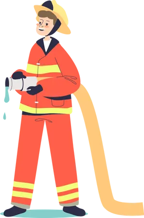 Kid Fireman Small Boy Child In Red Uniform Holding Water Hydrant Hose Work As Firefighter Children And Different Professional Occupation Concept Cartoon Flat Vector Illustration Illustration
