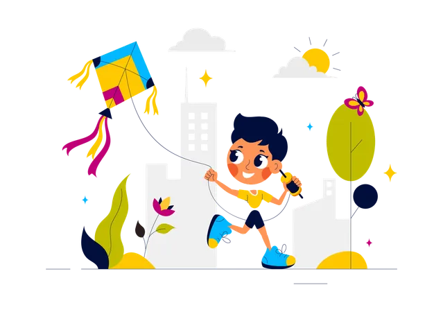 Kid flying kite in park  Illustration