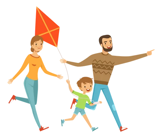 Kid flying kite with parents Illustration