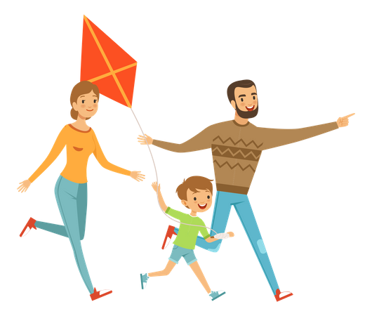 Kid flying kite with parents  Illustration