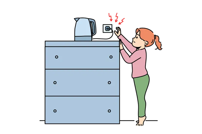 Kid gets electrical shock while switching on water kettle  Illustration