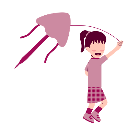 Kid girl flying kite  イラスト