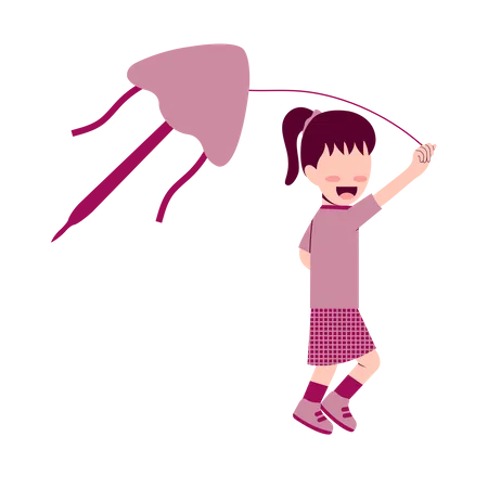 Kid girl flying kite  イラスト