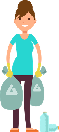 Kid girl gathering city garbage and plastic waste for recycling  Illustration