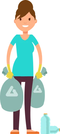 Kid girl gathering city garbage and plastic waste for recycling  Illustration