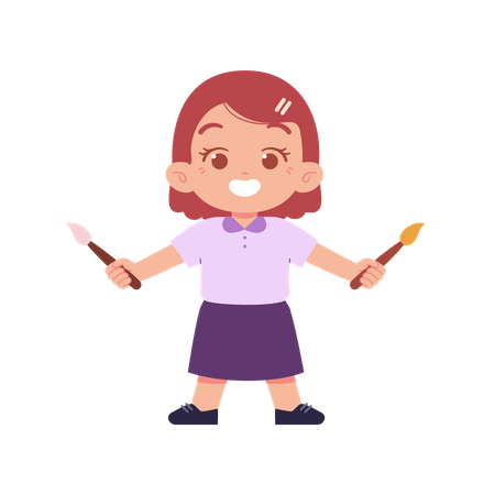 Kid Girl Holding Paint Brushes In Two Hands  Illustration
