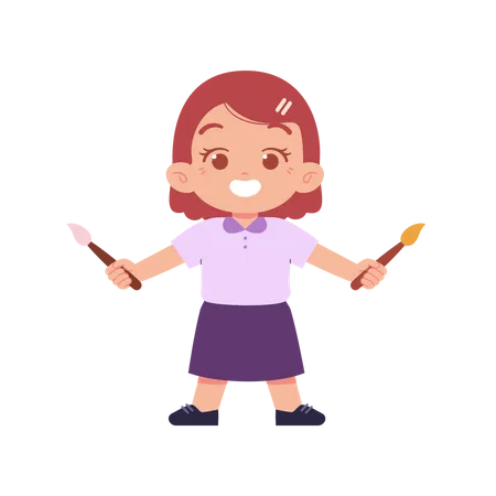 Kid Girl Holding Paint Brushes In Two Hands  Illustration