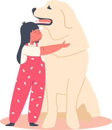Kid Girl Hug Retriever Dog Illustration