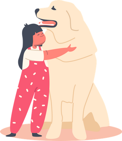 Kid Girl Hug Retriever Dog  Illustration