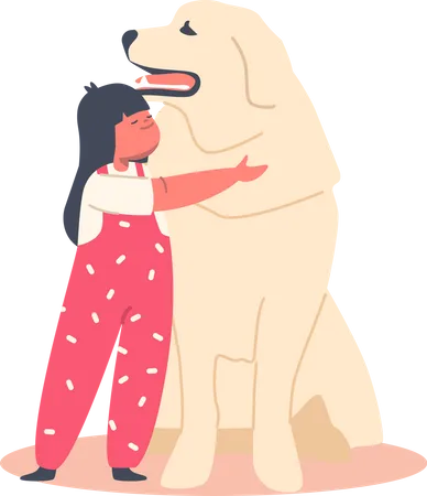 Kid Girl Hug Retriever Dog  Illustration