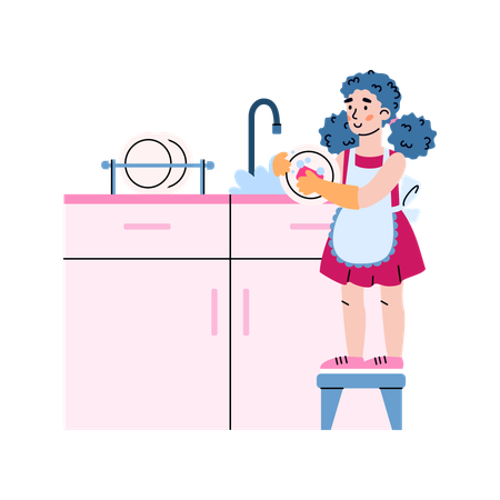 Kid girl in kitchen while washing dishes in sink with tap  Illustration