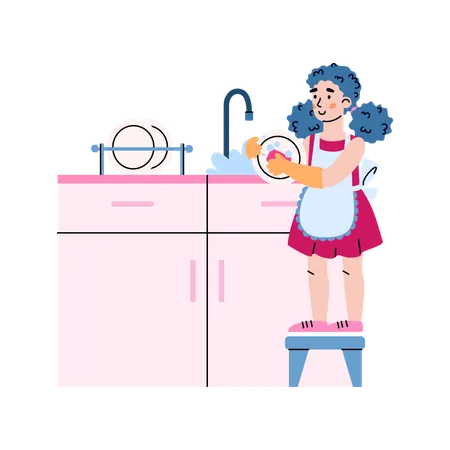 Kid girl in kitchen while washing dishes in sink with tap  Illustration