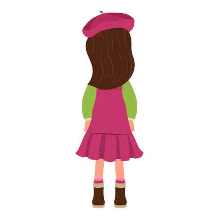 Kid Girl in Red Dress and Beret  Illustration