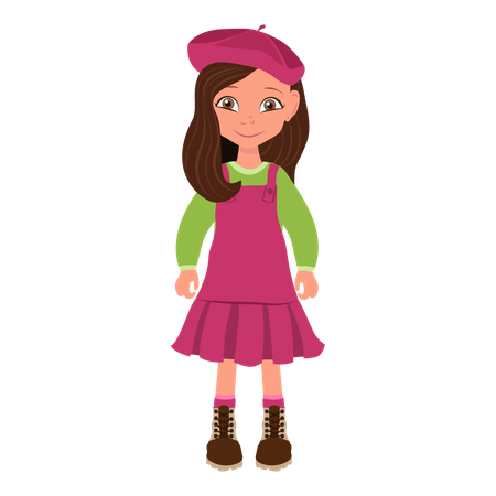 Kid Girl in Red Dress and Beret  Illustration