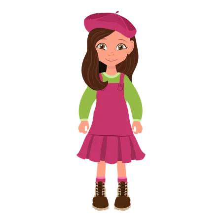 Kid Girl in Red Dress and Beret  Illustration