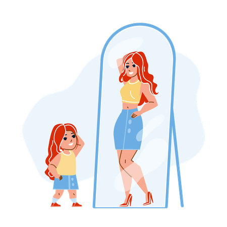 Kid Girl  is Dreaming of Adult Woman In Mirror  Illustration