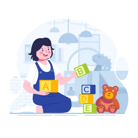 A Girl Playing With Toys Flat Illustration Illustration