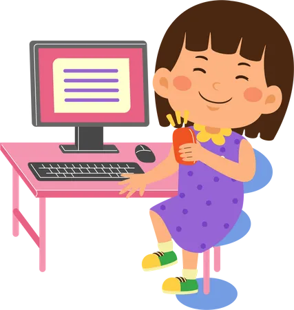 Kid girl use computer  Illustration
