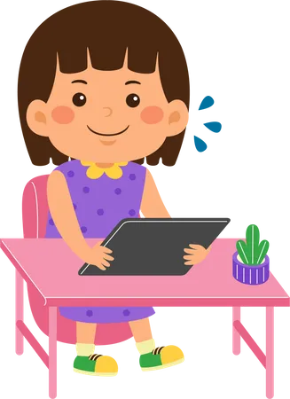 Kid girl use graphic tablet  Illustration