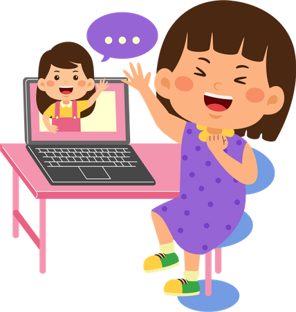 Kid girl use laptop doing video call  Illustration