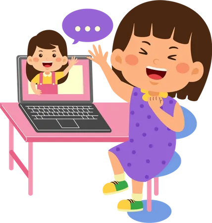 Kid girl use laptop doing video call  Illustration