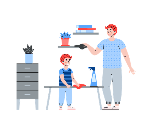 Kid help father with housework son and dad together wipe dust and cleaning room Illustration