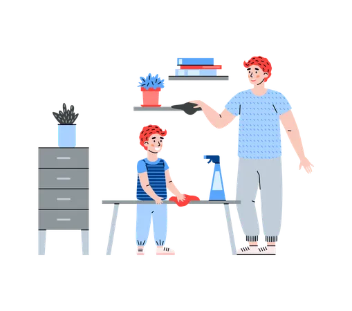 Kid help father with housework son and dad together wipe dust and cleaning room  Illustration