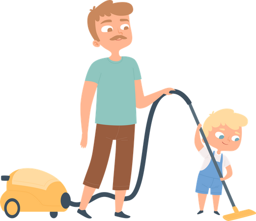 Kid helper cleaning house with vacuum cleaner Illustration