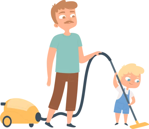 Kid helper cleaning house with vacuum cleaner Illustration