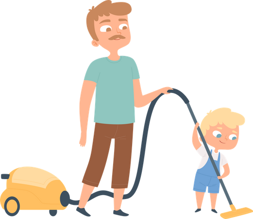 Kid helper cleaning house with vacuum cleaner  Illustration