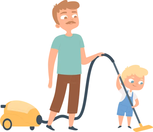 Kid helper cleaning house with vacuum cleaner  Illustration