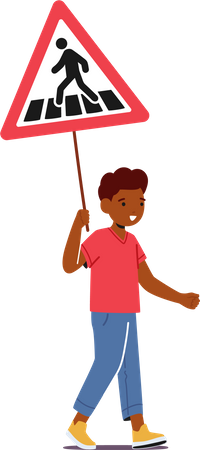 Kid Holding Road Sign Pedestrian Passing Crossroad By Zebra  Illustration