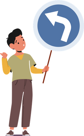 Kid Holding Road Sign Showing Turn On Left  イラスト