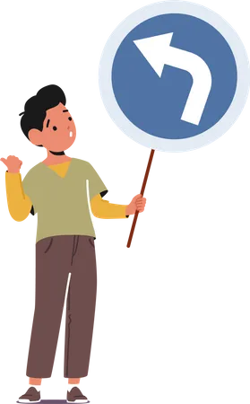 Kid Holding Road Sign Showing Turn On Left In Round Banner Isolated On White Background Little Boy With Caution Banner For City Traffic Children Learning Rules Concept Cartoon Vector Illustration イラスト