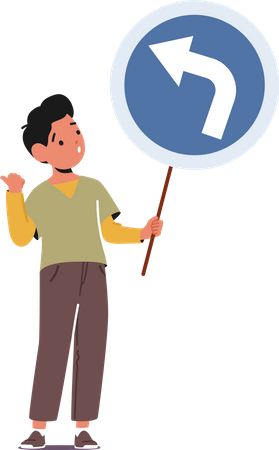 Kid Holding Road Sign Showing Turn On Left  Illustration