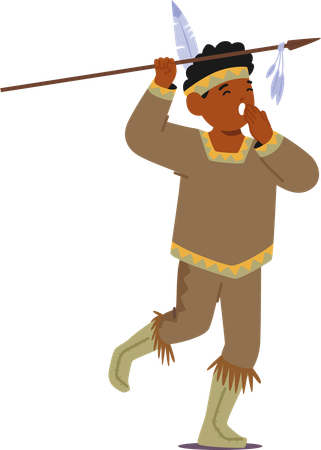 Kid In Traditional Native American Outfit Adorned With Small Spear  일러스트레이션