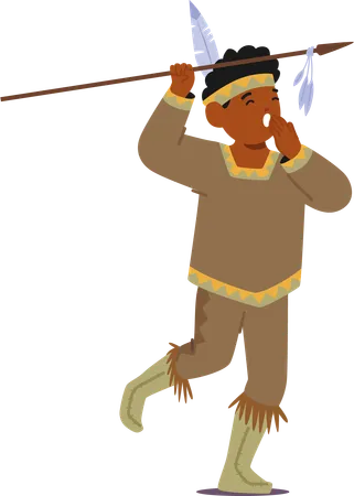 Kid Character In Traditional Native American Outfit Adorned With Fringed Leather Patterns And Feathers A Small Spear Completes The Ensemble Reflecting Cultural Heritage With Authenticity And Charm Illustration