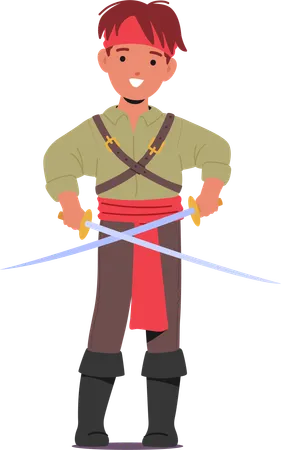 Kid Pirate Character With A Mischievous Grin Stands Boldly Crossed Swords In Hands His Eyes Sparkle With Adventure Little Boy Ready To Take On The High Seas Cartoon People Vector Illustration Illustration