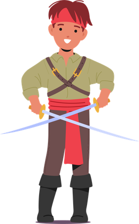 Kid is holding sword in his hands  Illustration