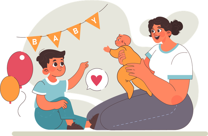 Kid is playing with his younger infant brother  Illustration