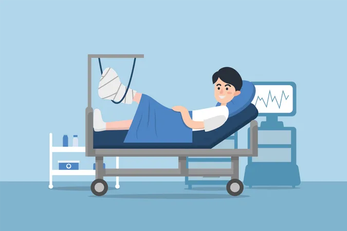 Kid laying down on hospital bed with fractured leg  イラスト