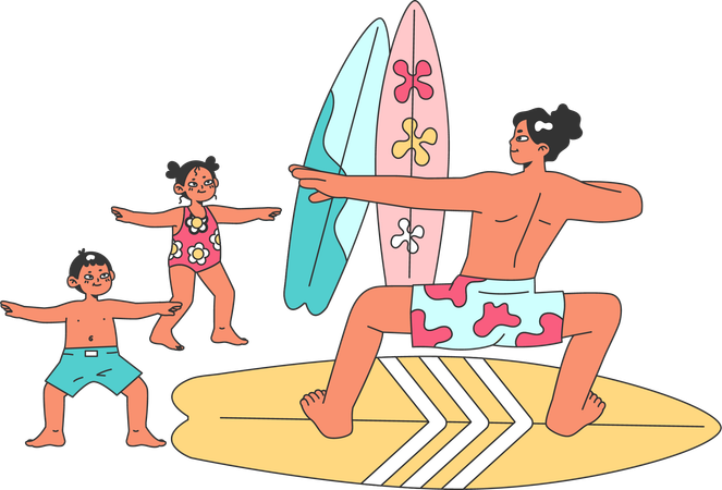 Kid learning surfing from coach  イラスト