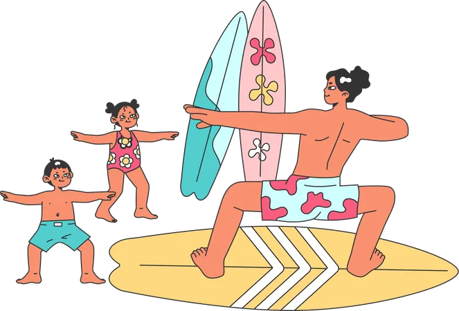Kid learning surfing from coach  Illustration