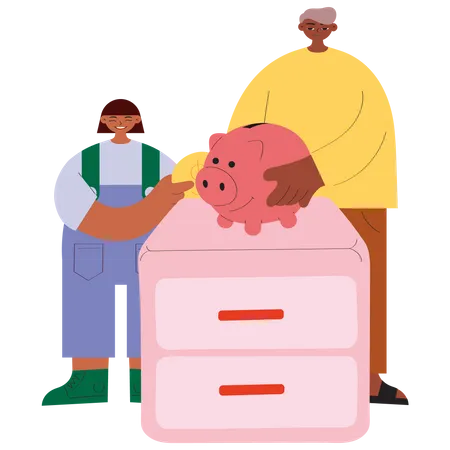 Father And Daughter With Piggy Bank Vector Illustration In Flat Color Design Illustration
