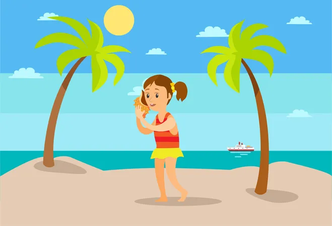 Summer Vacation At Beach Vector Seaside Relaxation Under Hot Sun Girl Listening To Seashell Conch With Sound Of Sea Ship And Tree Plants Exotic Illustration