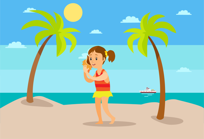 Kid listening to seashell sound on beach  Illustration