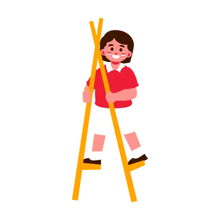 A Happy Child In A Red Shirt And White Shorts Standing On Yellow Stilts Smiling イラスト