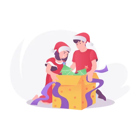 Kid Open Christmas Gift  Illustration