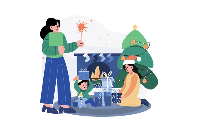 Kid Opening Christmas Gift Illustration